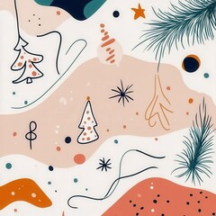 Minimalist abstract holiday design featuring smooth flowing shapes and isolated festive motifs rendered in soft pastel hues