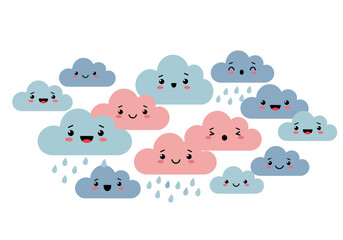 Cartoon Clouds with Raindrops and Facial Expressions
