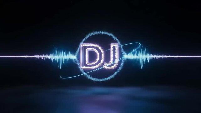 A glowing, stylized DJ logo, encircled by light trails and sound waves.