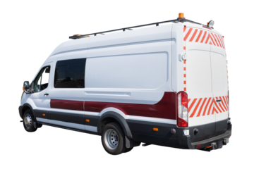 Rear angle view of white road laboratory van with safety stripes and orange beacons isolated on white background with clipping path.