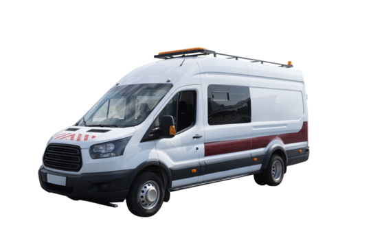 White road laboratory van with red stripe parked on asphalt, side view, specialized vehicle for road inspection isolated on white background with clipping path.