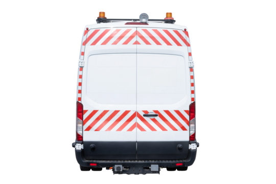 Back view of white van with red diagonal safety stripes and orange beacons on roof isolated on white background with clipping path.