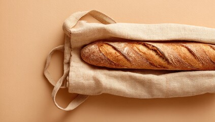 A long, crusty baguette rests inside a beige fabric tote bag on a matching background