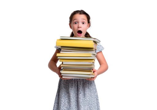 Surprised young girl holding tall stack of books on transparent background, PNG