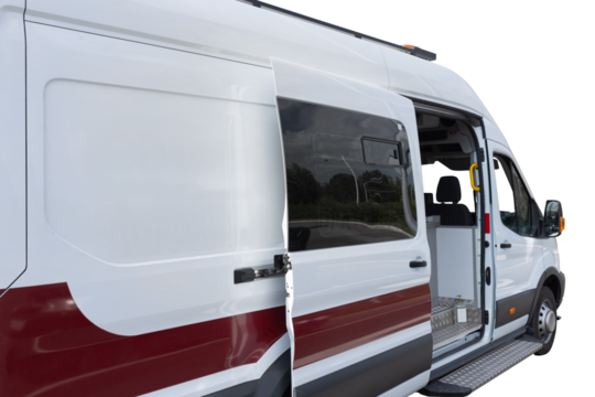 Rear side of white road laboratory van with red stripe and orange beacon, parked on asphalt isolated on white background with clipping path.