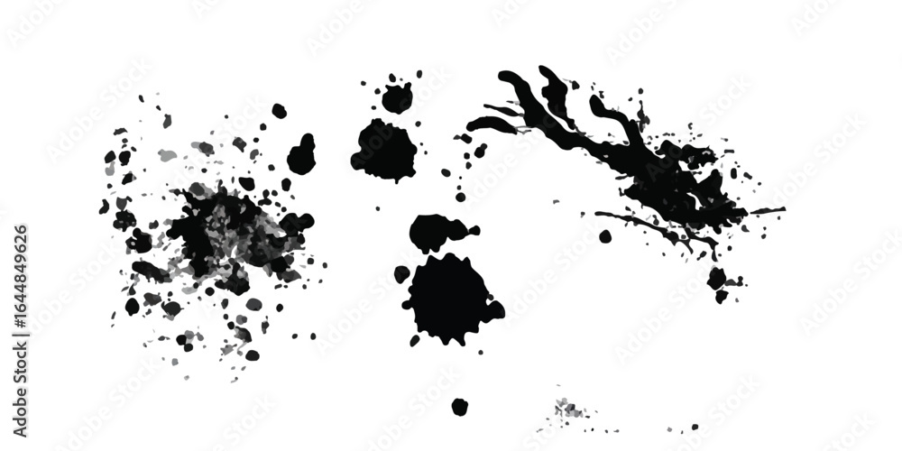 Poster dynamic splatter art on a stark white backdrop. black ink splatter
