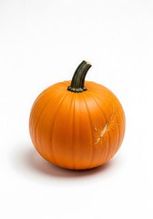 Obraz premium Single Orange Pumpkin with Stem on White Background, Small Imperfection