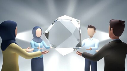 Diverse team collaborates to elevate a sparkling crystal, symbolizing shared success, innovation, and the collective pursuit of excellence in a unified endeavor.