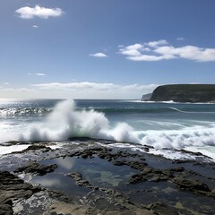 Crashing Waves on Rocky Coastline with Distant Headland under Blue Sky