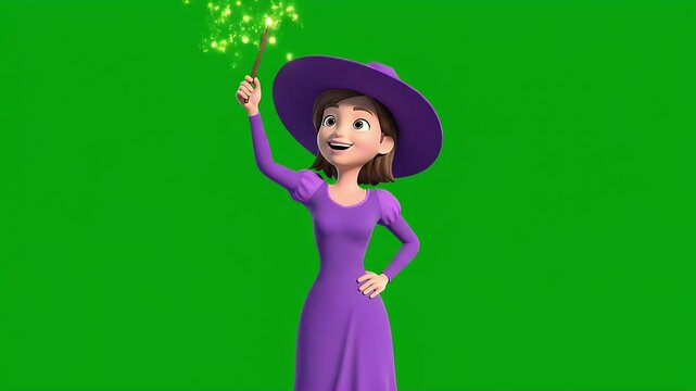 Smiling 3d cartoon witch character casting magic spell on green screen background