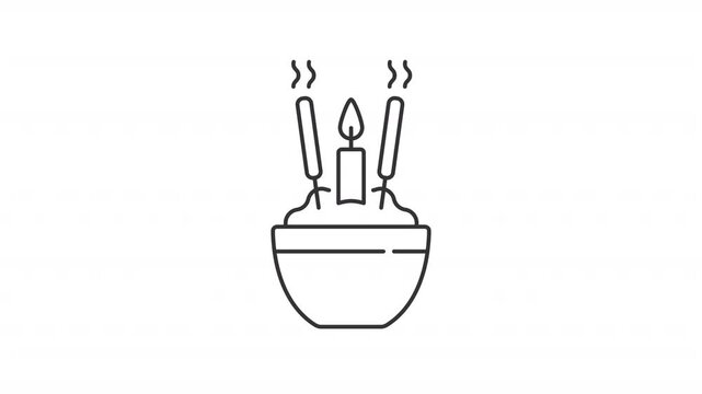 Animated incense spreading aroma line icon. Burning chopsticks releasing scent in rice bowl animation. Chinese ceremonies and rituals Outline element on white background. HD video with alpha channel
