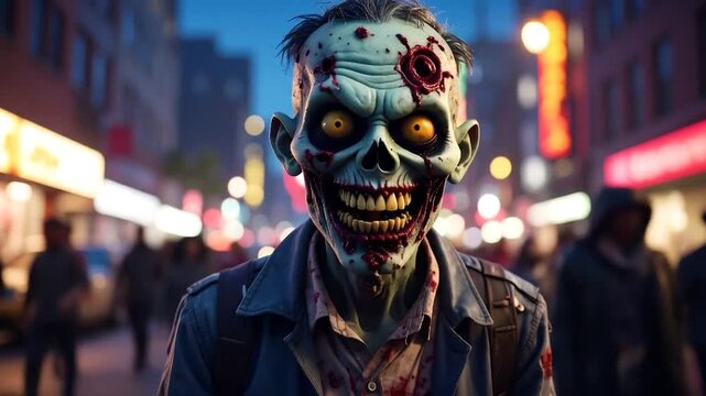 Zombie Walking on City Street with Spooky Halloween Scene, Horror, and Apocalypse Concept.