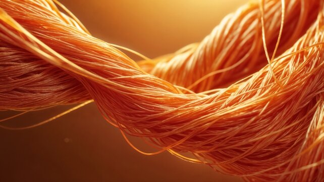 Close up view of twisted orange threads illuminated by golden light creating a warm and inviting feel
