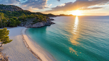 Secluded bay with golden sunset reflecting on calm water, surrounded by lush greenery