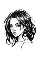 Woman with long hair and a black and white drawing of her