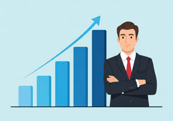 Confident businessman stands beside a rising bar graph indicating financial growth and success