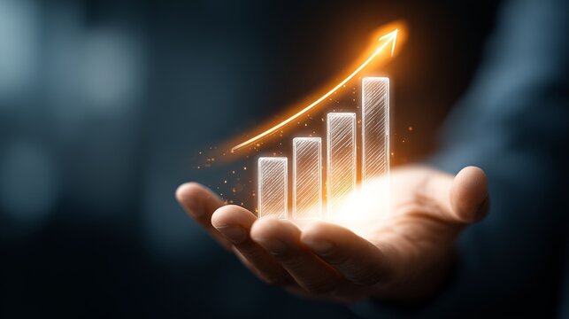 Hand holding glowing translucent bar graph with upward arrow on dark background. Symbol of growth, success, business progress, achievement, and positive development.