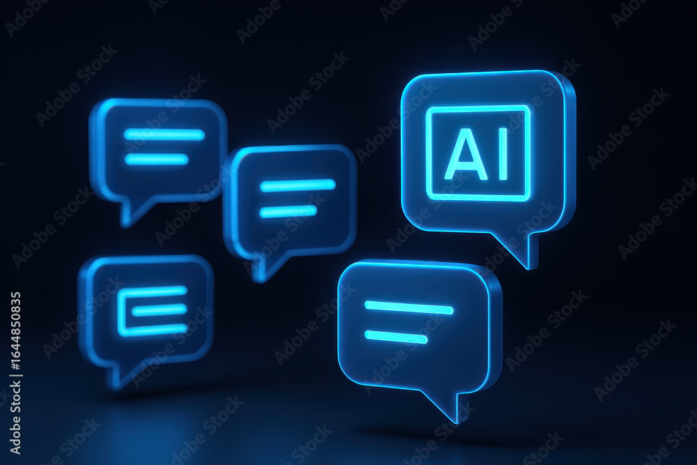 Aufkleber glowing blue chat bubbles with ai chatbot symbol on dark background represent digital communication 