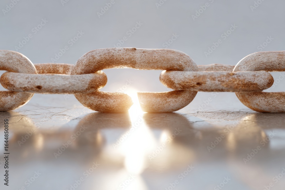 Poster modern premium broken rusty chain link with light symbolizing digital vulnerability and connectivity