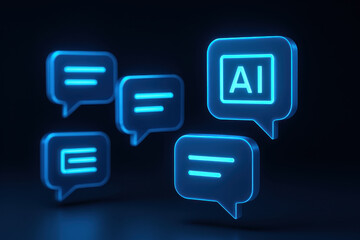Glowing blue chat bubbles with ai chatbot symbol on dark background represent digital communication and artificial intelligence technology in futuristic style