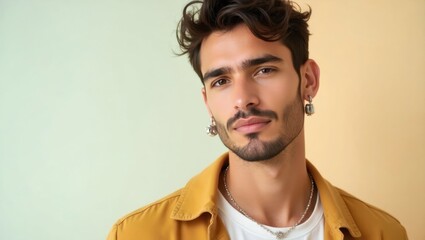Mixed Metal Jewelry. Chunky earrings Statement Looks maxing wolf haircut AI boyfriend gold Hey harper Piercing Mania Mejuri Edikted Handsome young man with dark hair and beard in mu