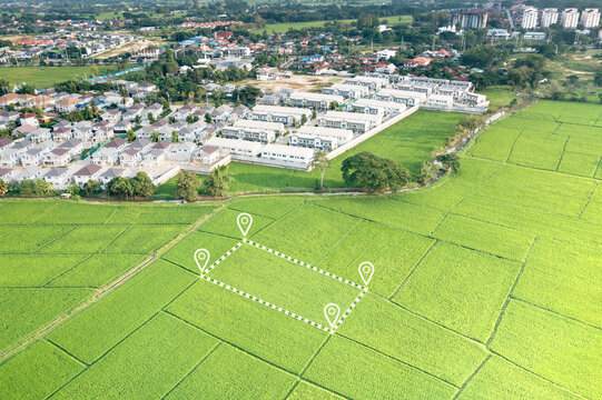 Real estate or property in San Sai district, Chiang Mai of Thailand. Symbol to plot land in aerial view. Identify registration symbol of vacant area. COncept of land for sale or investment.