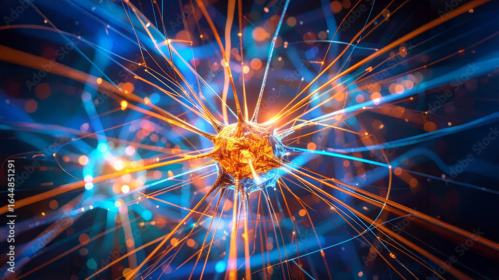 Poster a vibrant, close-up 3d render of a single glowing neuron with multiple synaptic connections, radiati