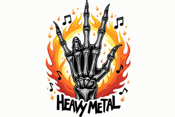 Heavy Metal Skeleton Hand – Flaming Rock Sign Music Art" vector color graphics