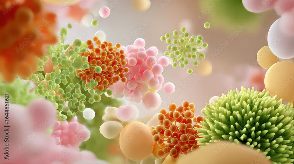Poster abstract representation of colorful microorganisms and cellular structures in a soft-focus environme