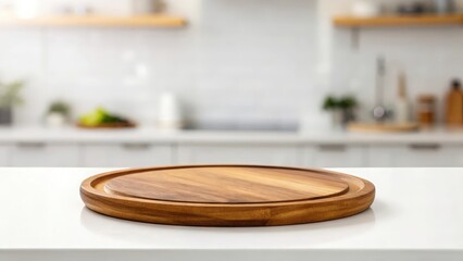 Obraz premium Flat lay of wooden platter on white countertop — clean backdrop for recipe or menu design 