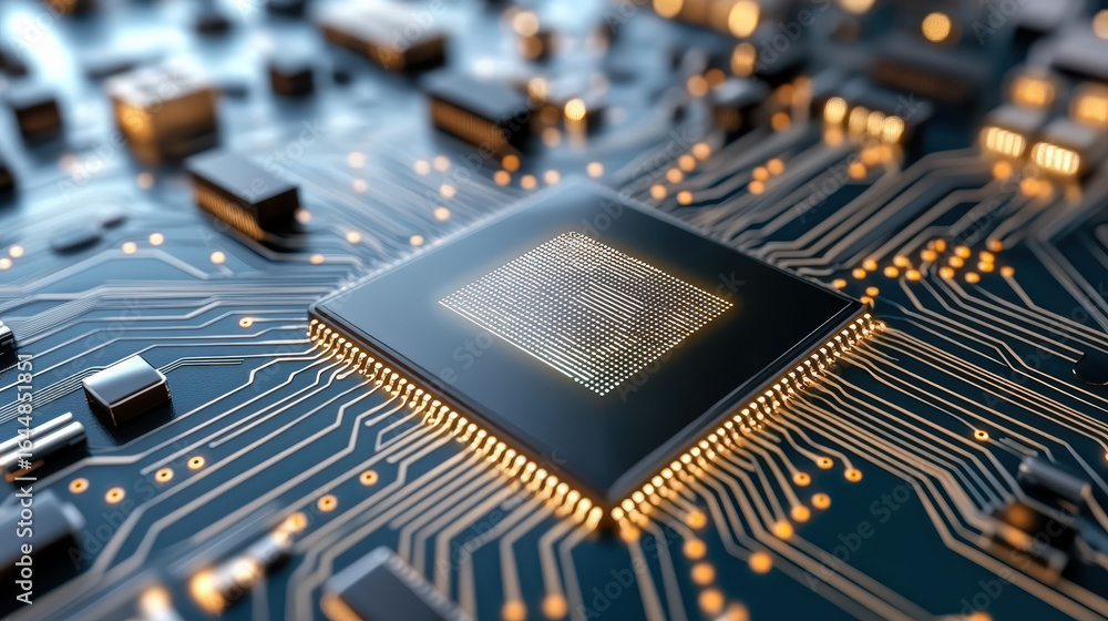 Poster high tech circuit board with microprocessor and glowing connections, showcasing advanced