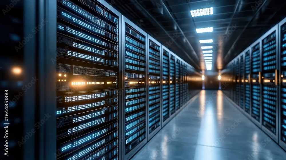 Poster high tech data center with rows of servers, illuminated by blue lights, showcasing advanced