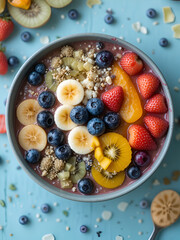 Healthy smoothie bowls with banana, kiwi , Strawberry Mango blueberry and blueberry toppings
