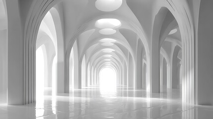 Fototapeta premium Explore a Bright and Spacious Modern Architectural Interior with Elegant Arches and Reflections
