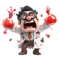 Mad scientist with exploding vials and red liquid splashes laboratory accident