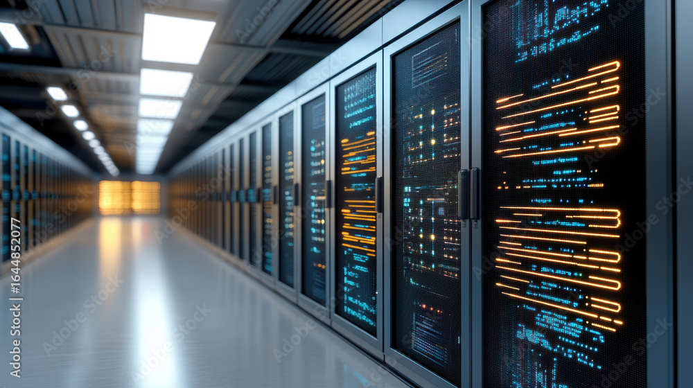 Aufkleber high tech data center with glowing server racks and illuminated pathways, showcasing advanced