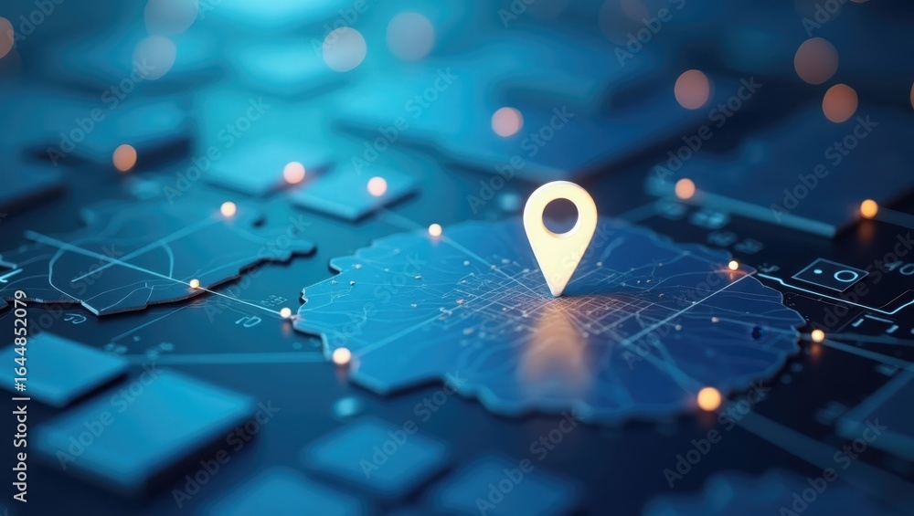 Poster location intelligence. digital map with glowing location pin and netwo