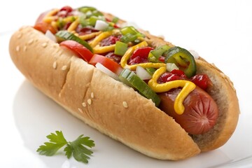 Hot dog with mustard and relish on a bun