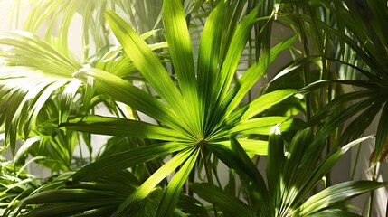 Lush green palm leaves bathed in sunlight.