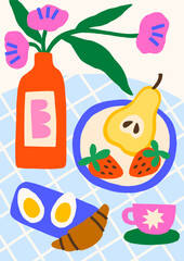 Summer still life vector illustrations. Bold bright poster design with fruits plate, flower bouquet in vase, breakfast, eggs, croissant, coffee cup