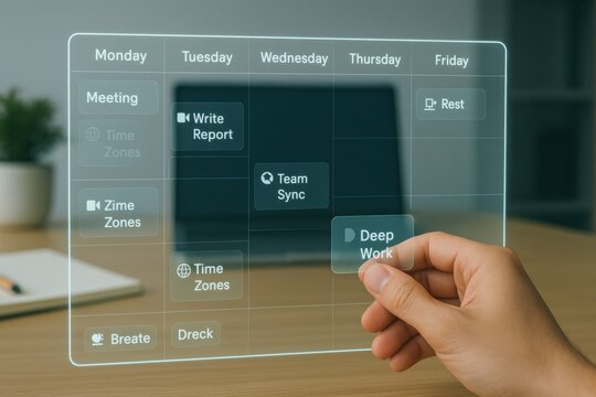 Weekly Calendar Interface Organizing Meetings, Reports, and Deep Work Sessions
