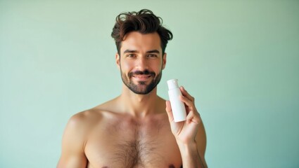 Kosas. Smiling shirtless man holding bottle skincare product light bac