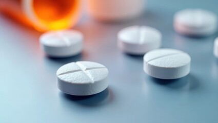 Ketoprofen. White round pills close-up with prescription bottle blurre