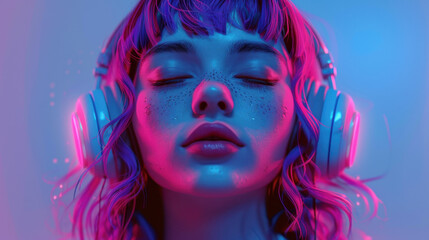 Young woman wearing headphones with eyes closed bathed in vibrant neon pink and blue light