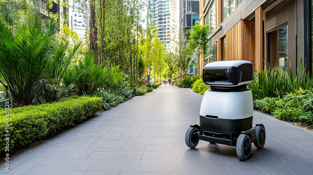 Poster autonomous delivery robot navigating urban sidewalk surrounded by greenery