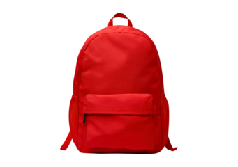 Red backpack with front pocket and adjustable straps on transparent background, PNG