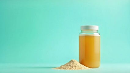 Hydration Mix. Honey jar with wooden dipper and powder on blue backgro