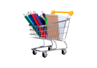 Miniature shopping cart with colorful pencils and notebooks on transparent background, PNG