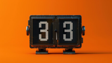 Retro flip clock displaying the number thirty three against a vibrant orange background