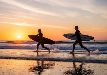 Two surfers running into the ocean at sunset with surfboards